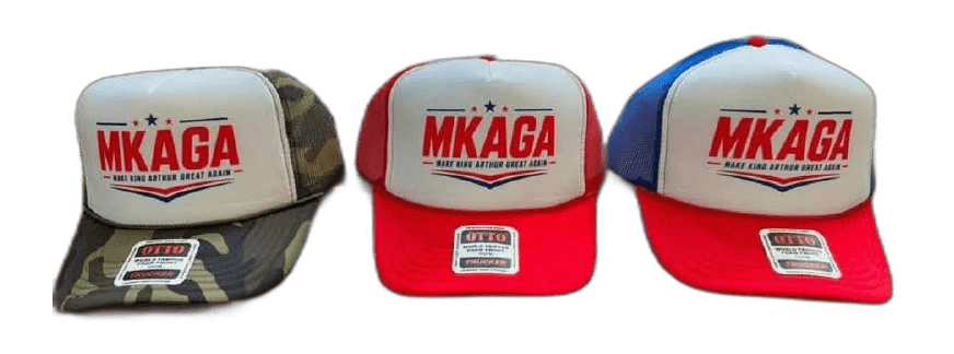 Three MKAGA hats in red, white, blue, and camouflage
