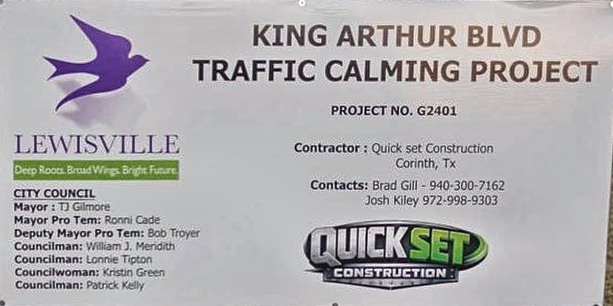 City of Lewisville King Arthur Boulevard Traffic Calming Project sign